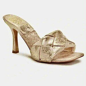New VINCE CAMUTO Brelanie Basket Weave Heeled Sandal Mule Distressed Gold 10